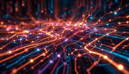 Glowing Circuitry: A Futuristic Network of Vibrant Lines and Nodes