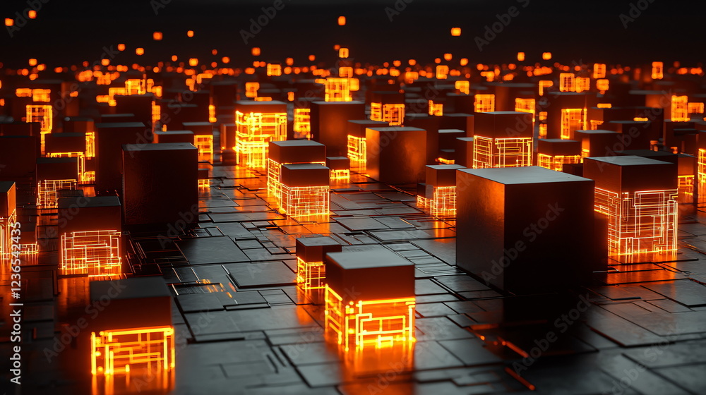 Poster glowing orange cubes scattered across a dark surface, creating a futuristic digital landscape with c