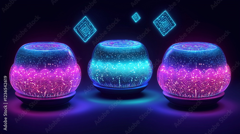 Poster colorful glowing bowls with intricate patterns and neon light effects illuminated in a dark setting 