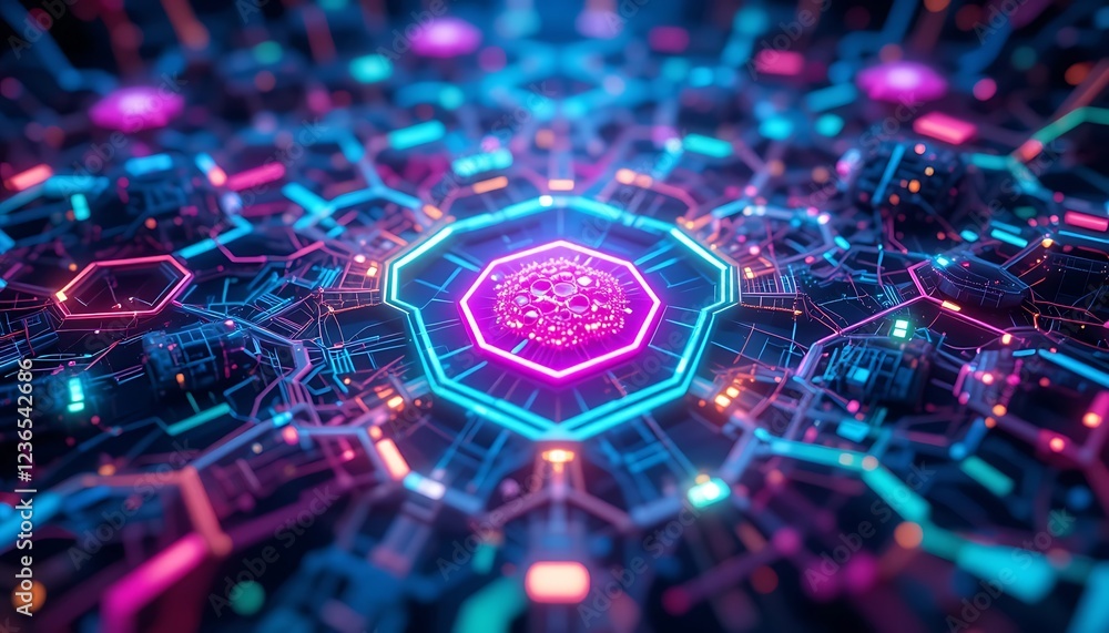 Poster neon circuitry network: vibrant hexagon hub with glowing core
