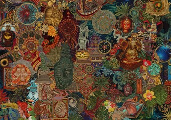 Vibrant fusion of traditional and modern art: a colorful tapestry of culture and history