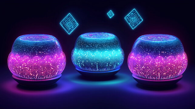 Colorful glowing bowls with intricate patterns and neon light effects illuminated in a dark setting creating a vibrant and captivating visual scene.