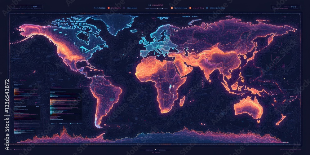 Aufkleber global market data visualization a world map with heatmap colors and financial chart