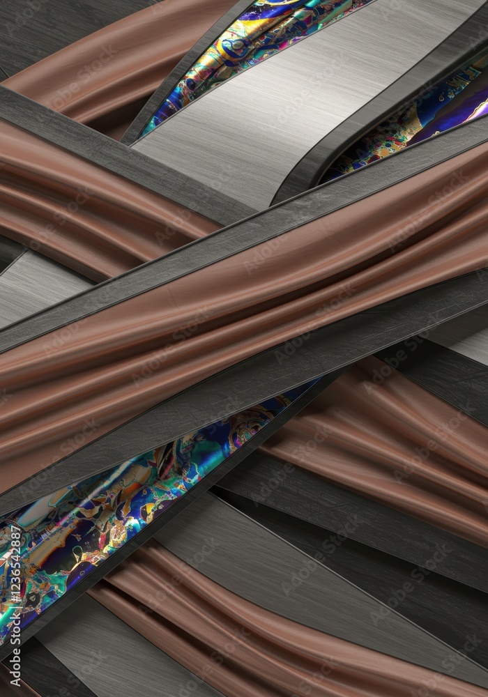 Poster abstract metallic and iridescent interwoven strips art with textured patterns
