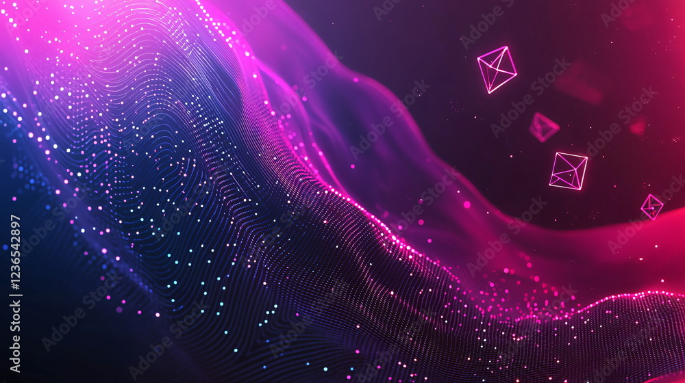 Aufkleber vibrant abstract background with flowing waves of luminous light particles and floating geometric sh