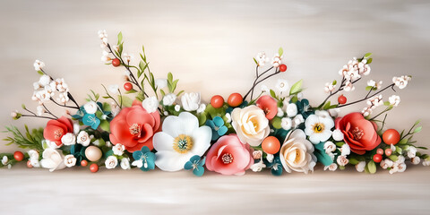 Pastel colored spring flowers in a loose bouquet create a vibrant display on a light surface. The arrangement showcases delicate blossoms, making it ideal for decoration and inspiration