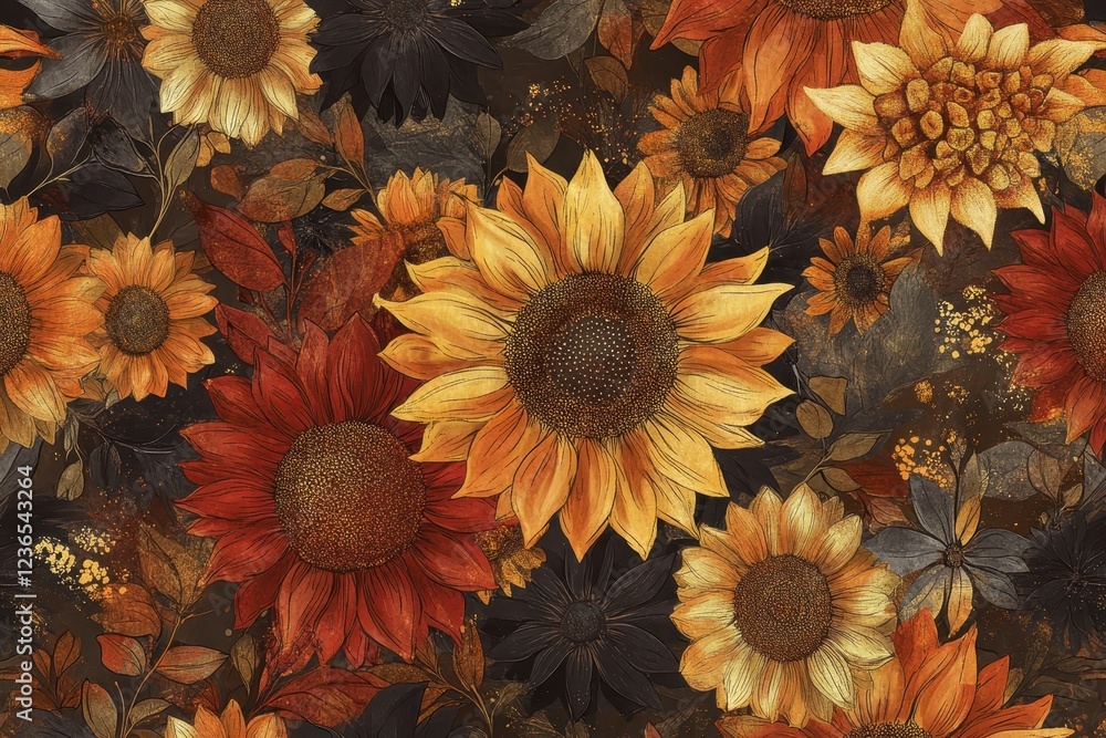 Poster colorful floral pattern featuring sunflowers and abstract shapes in warm tones, ideal for various de
