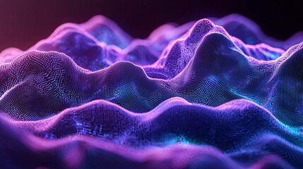 Obraz premium Colorful abstract wavy landscape with illuminated peaks and valleys, featuring a mesmerizing blend of purple shades and glowing contours, set against a dark background.