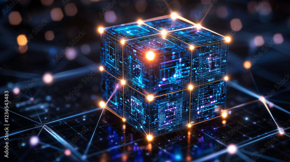 Poster digital cube with glowing circuits and connections in a dark environment, showcasing futuristic tech