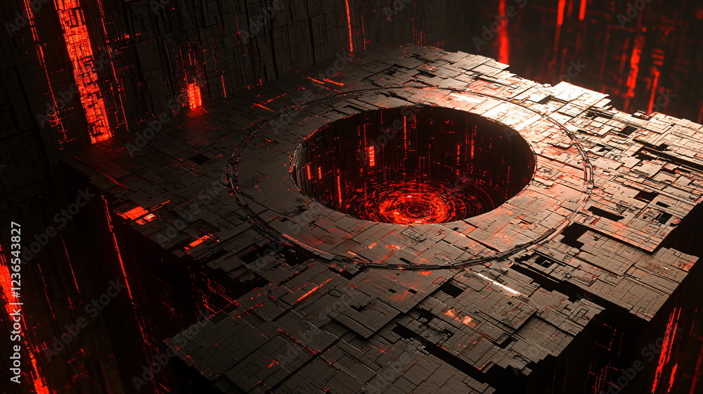 Aufkleber dark, futuristic structure with a circular opening surrounded by glowing red lines and intricate, ge
