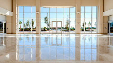 Fototapeta premium Modern building lobby with large windows, reflecting sunlit outdoor plaza