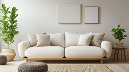 Modern Scandinavian home interior design. Living room featuring a comfortable sofa