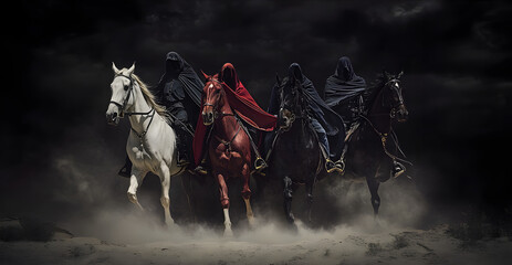 Prophetic apocalypse. Four Horsemen - White for Conquest, Red for War, Black for Famine, Pale for Death - Set Against a Stark Desert Landscape with a Black Background. Biblical prophecy vision.