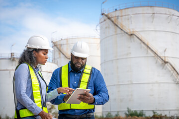 Engineers wearing safety gear, including hard hats examining survey standing industrial facility...