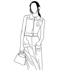 Contemporary line art illustration of a fashionable woman in elegant attire holding a handbag,representing modern style and simplicity.Perfect for fashion themes,creativity,and elegant design concepts