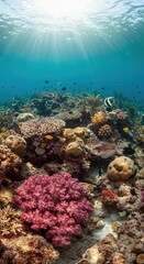 Fototapeta premium Vibrant coral reef under sunlit ocean with diverse marine life