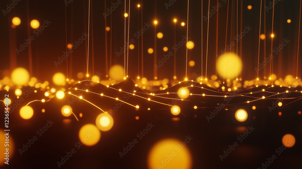 Poster abstract digital network with golden glowing points connected by lines over dark background