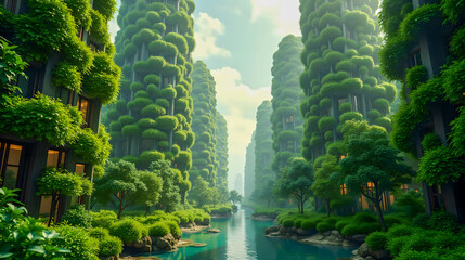 A future city where all buildings are covered in lush green walls, reducing pollution and maximizing sustainability.  