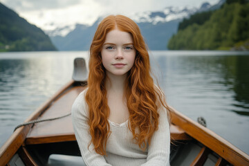 Young pretty redhead girl on a boat