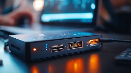 Naklejka premium A USBpowered Ethernet adapter glowing faintly in a compact setup