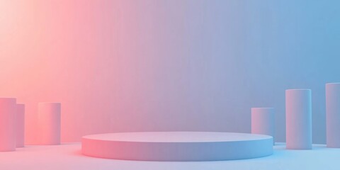 A minimalistic round podium surrounded by columns in soft pink and blue gradient lighting