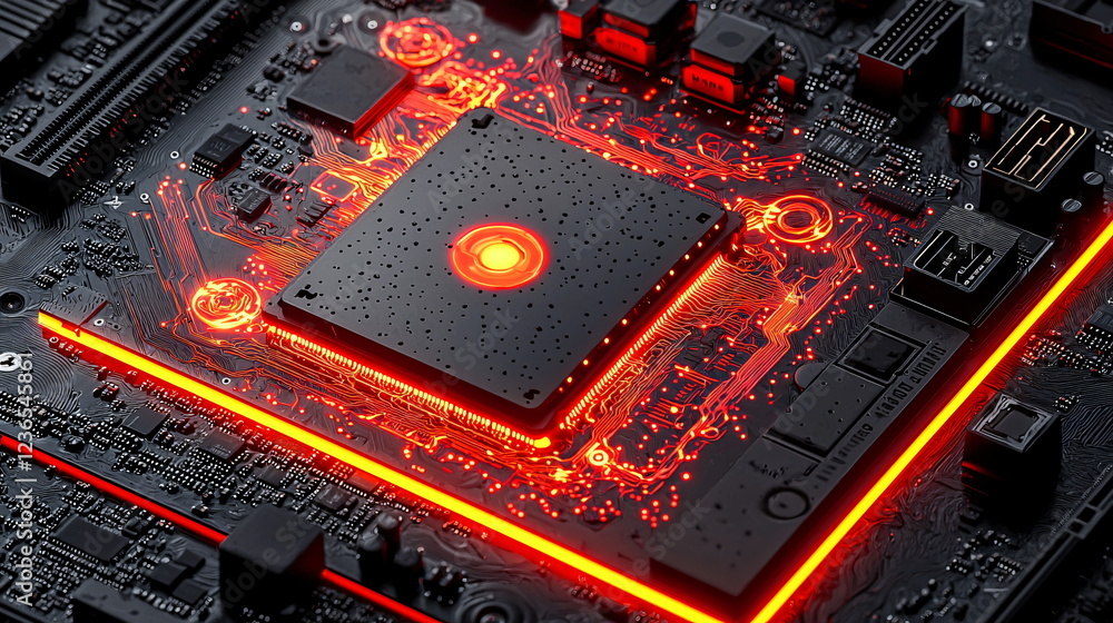 Poster bright red glowing circuit board with intricate pathways and technology components, highlighting the