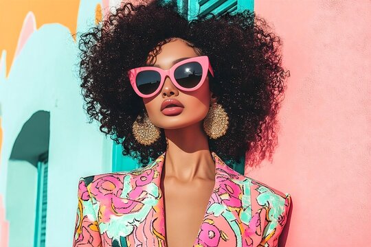 Contemporary Candy-Colored Fashion on a Latin Woman with Long Curly Hair