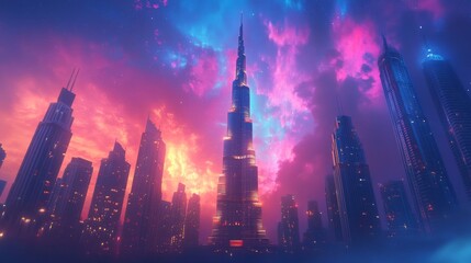 Obraz premium Awe inspiring futuristic cityscape vibrant nebula swirls above glowing tower night sky urban fantasy digital art majestic ethereal