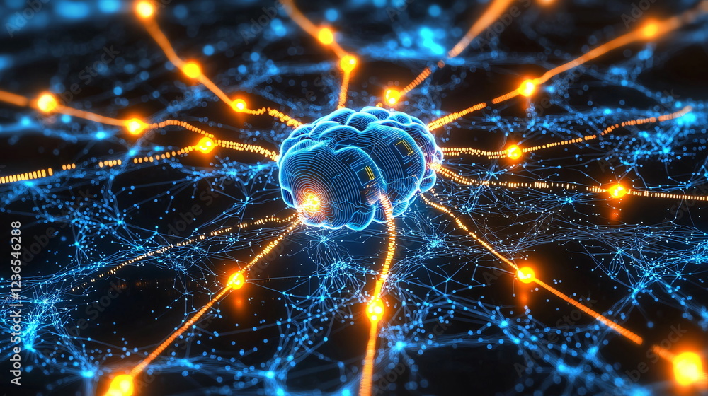 Aufkleber artificial intelligence network with glowing neural connections and a digital brain at the center su