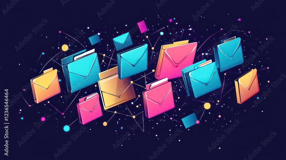 Poster colorful envelopes and folders interconnected, symbolizing digital communication and data flow.