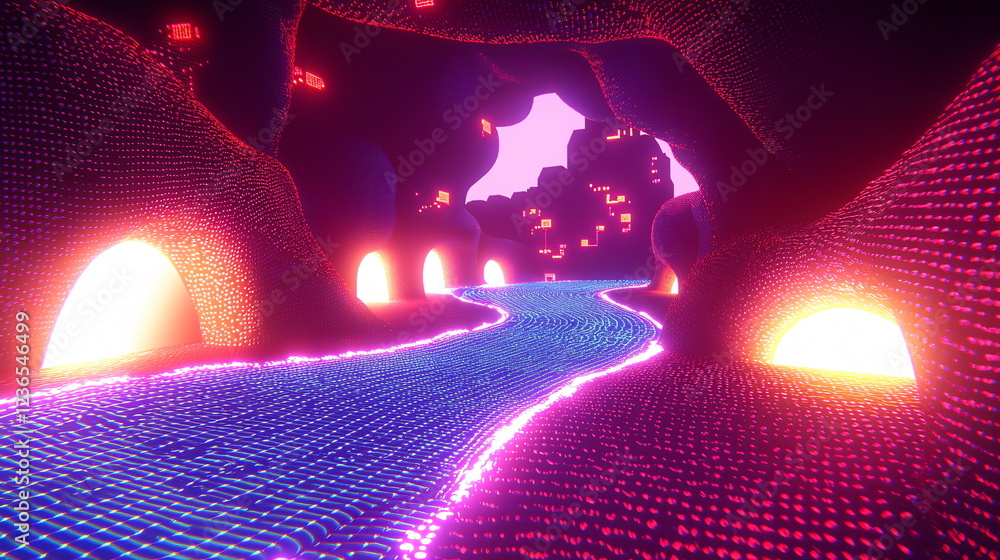 Poster colorful cave modeling glowing lights with flowing river and pixelated textures, creating an immersi