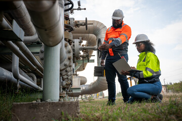 Engineers or industrial worker at large metal pipelines and valve systems oil refinery, chemical...