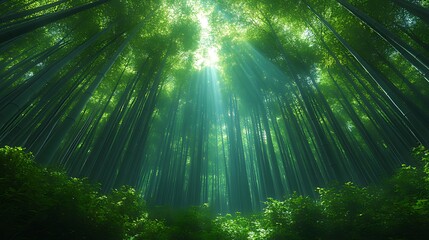 Sunbeams illuminating dense bamboo forest from below, creating a mystical atmosphere.
