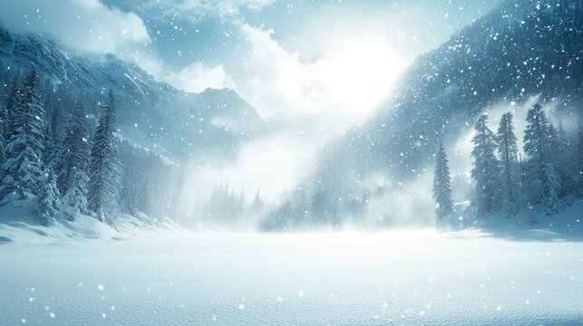 Snowy mountain valley winter scene, snowfall, background