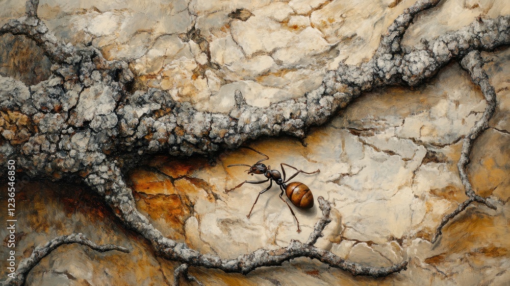 Poster Ant exploring textured bark under soft natural light in a forest setting showcasing intricate details of nature during a sunny day