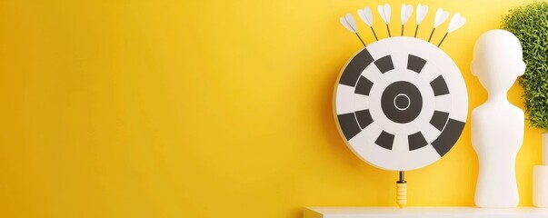 Fototapeta premium Marketing strategy customer engagement target audience. Minimalist decor featuring a dartboard and a decorative figure against a vibrant yellow background.