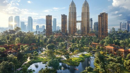 Obraz premium Serene sunrise over Kuala Lumpur iconic towers peaceful reflection