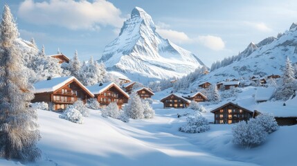 Serene Swiss village nestled beneath majestic Matterhorn. winter wonderland scene evokes peace and tranquility