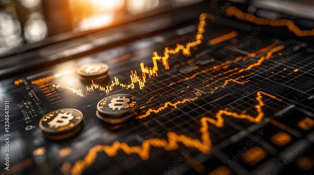 Poster bitcoin price chart with fluctuating line graphs, digital currency symbols, and glowing data visuali