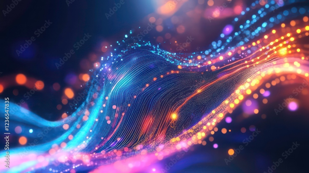 Poster abstract colorful glowing wave particles background.