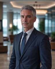 Fototapeta premium Mature Caucasian man calm short gray hair navy suit on corporate lobby background