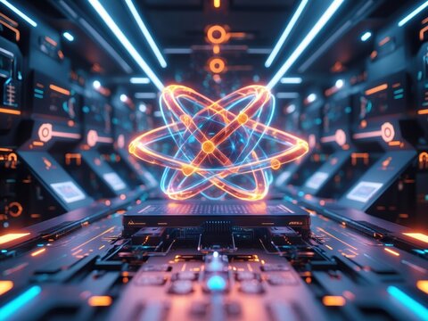 Exploring the advancements of quantum computing technology in a futuristic data center with quantum bits and atoms represented visually