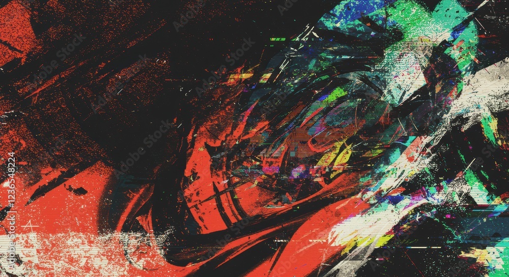 Poster abstract colorful grunge style digital art with bold textures and dynamic movement