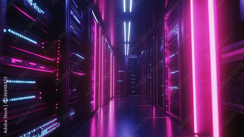 Poster futuristic server room with neon lights illuminating rows of data storage racks