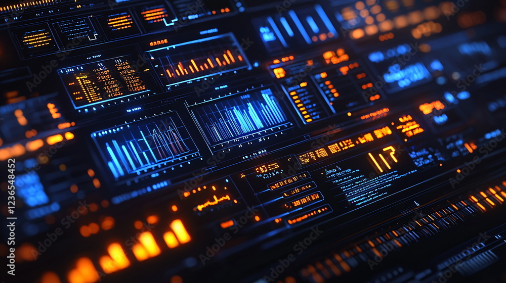Poster futuristic digital dashboard with glowing data visualizations in blue and orange colors, presenting 