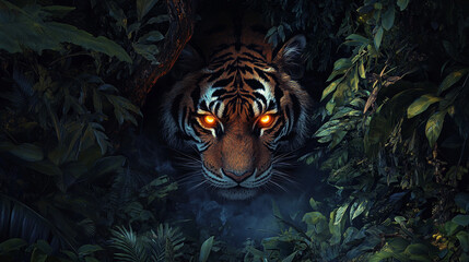 Head of a tiger with hunter predator glowing eyes in the deep scary jungle bush