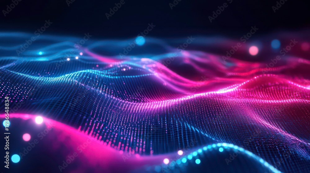 Poster abstract digital wave background with pink and blue glowing particles.