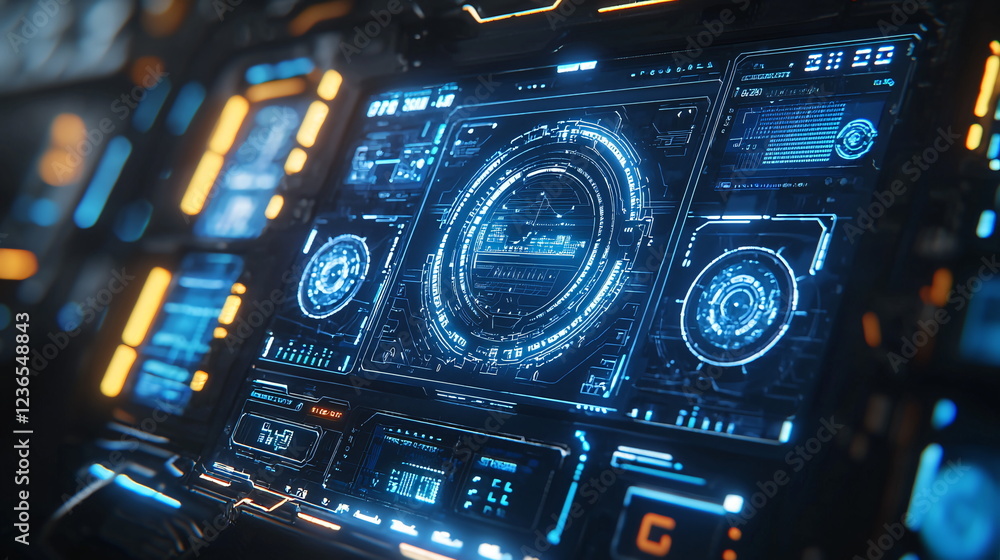 Poster futuristic digital dashboard with glowing blue and orange interfaces, intricate data displays, and h
