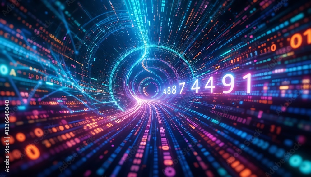 Poster neon data stream: a futuristic digital tunnel of light and code