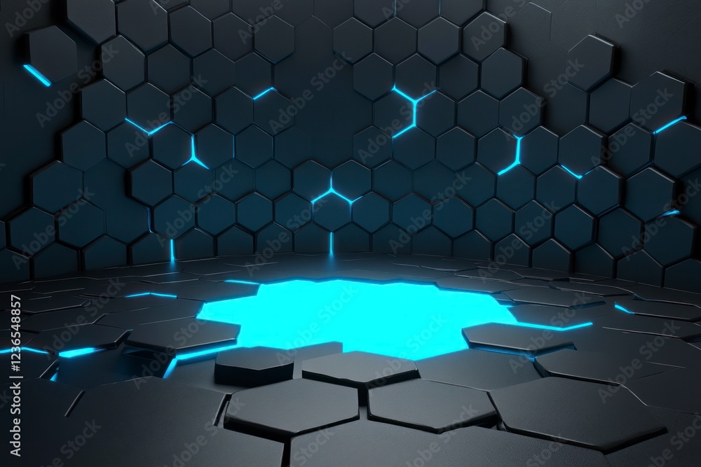 Aufkleber 3d render, abstract background with an empty black stage and a glowing blue hexagon shape on the flo